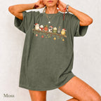 Cute Winter Bird Shirt T-Shirt in Moss, vintage graphic tee with winter birds in holiday hats