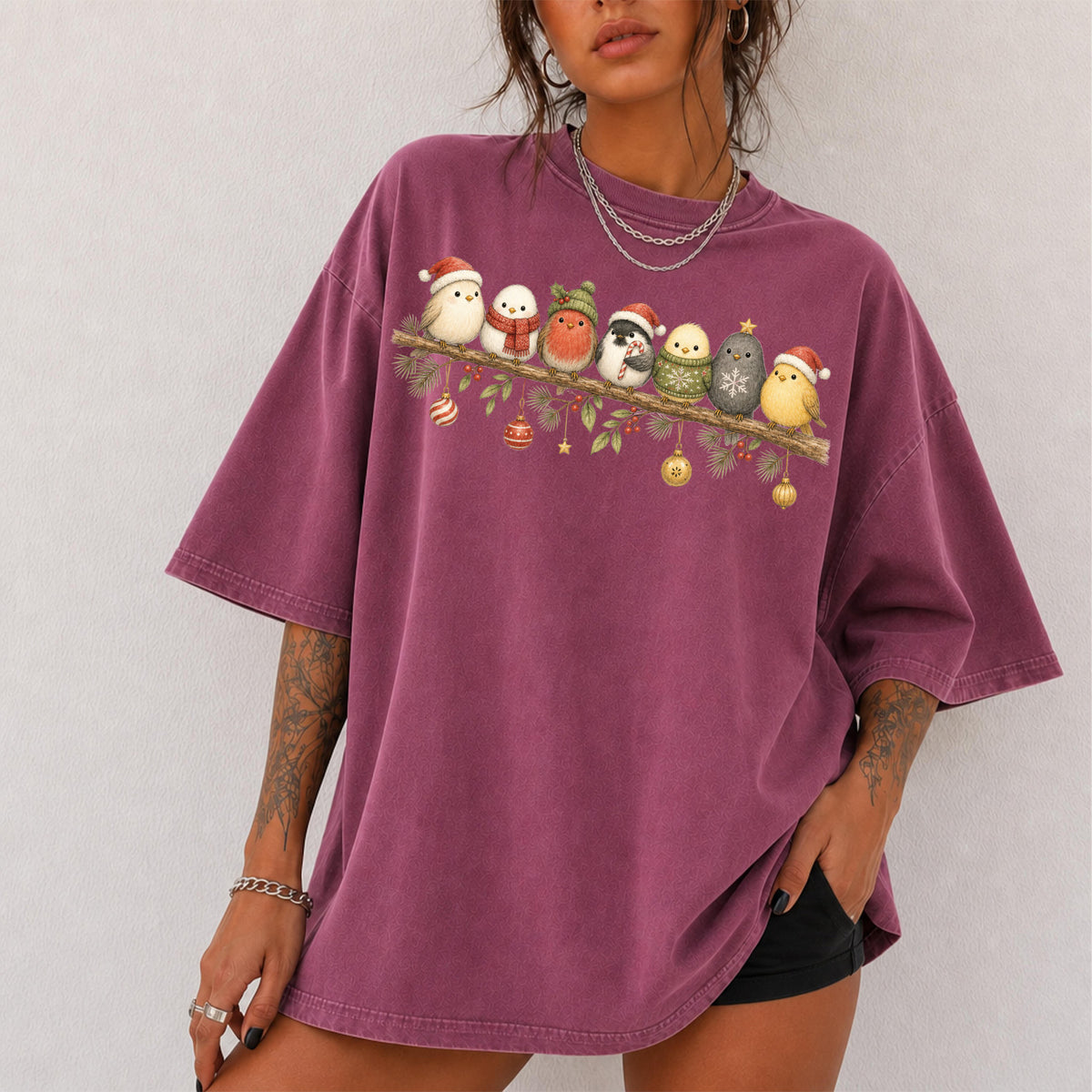 Cute Winter Bird Shirt T-Shirt in Berry, vintage graphic tee with winter birds in holiday hats