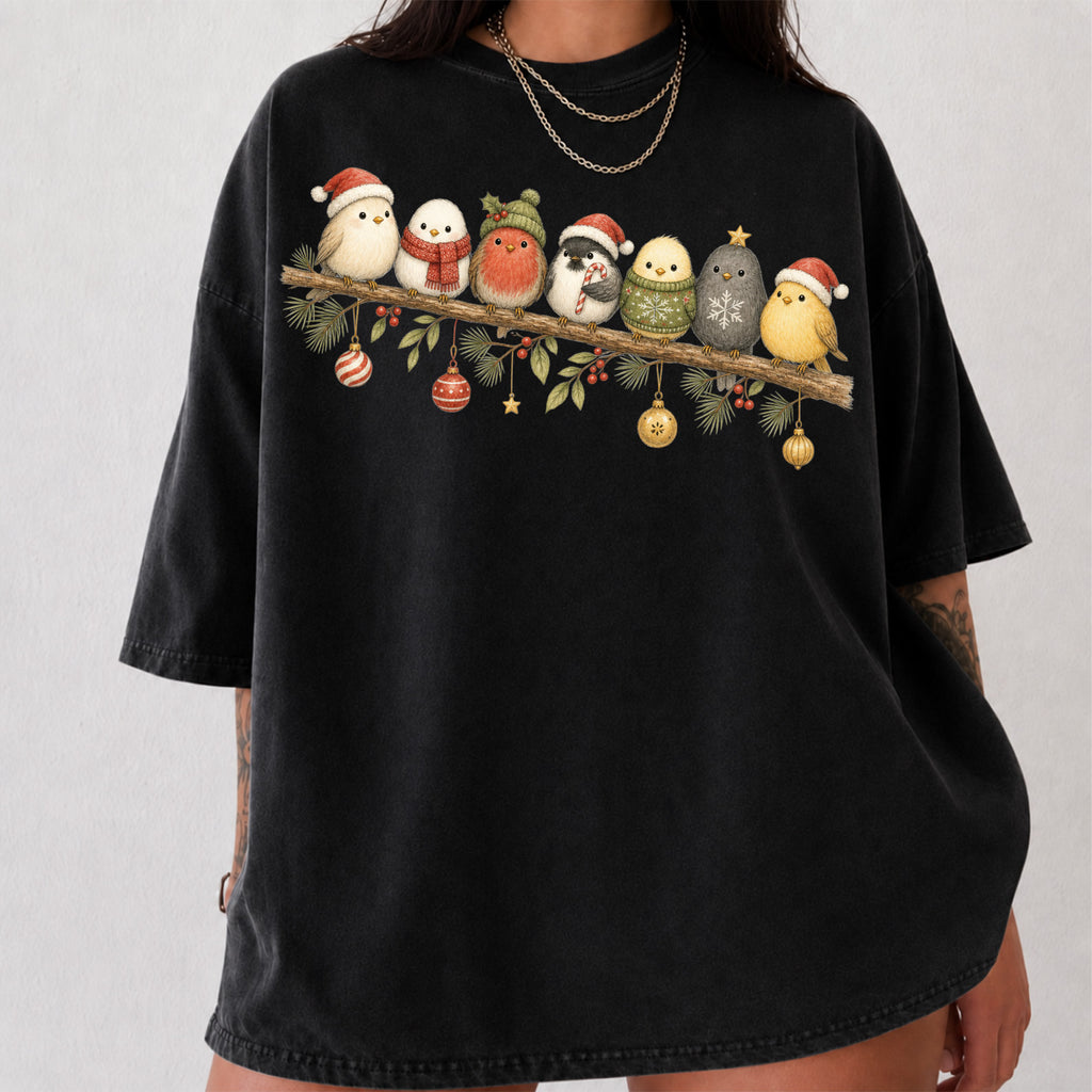 Cute Winter Bird Shirt T-Shirt in Black, vintage graphic tee with winter birds in holiday hats