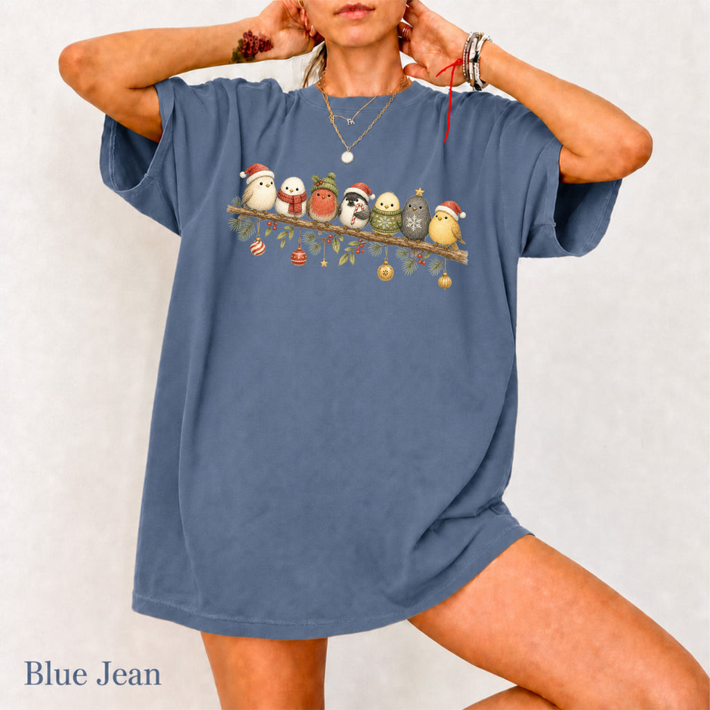 Cute Winter Bird Shirt T-Shirt in Blue Jean, vintage graphic tee with winter birds in holiday hats