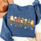 Cute Winter Bird Shirt Sweatshirt in Blue Jean, cozy graphic sweatshirt with winter birds in holiday hats