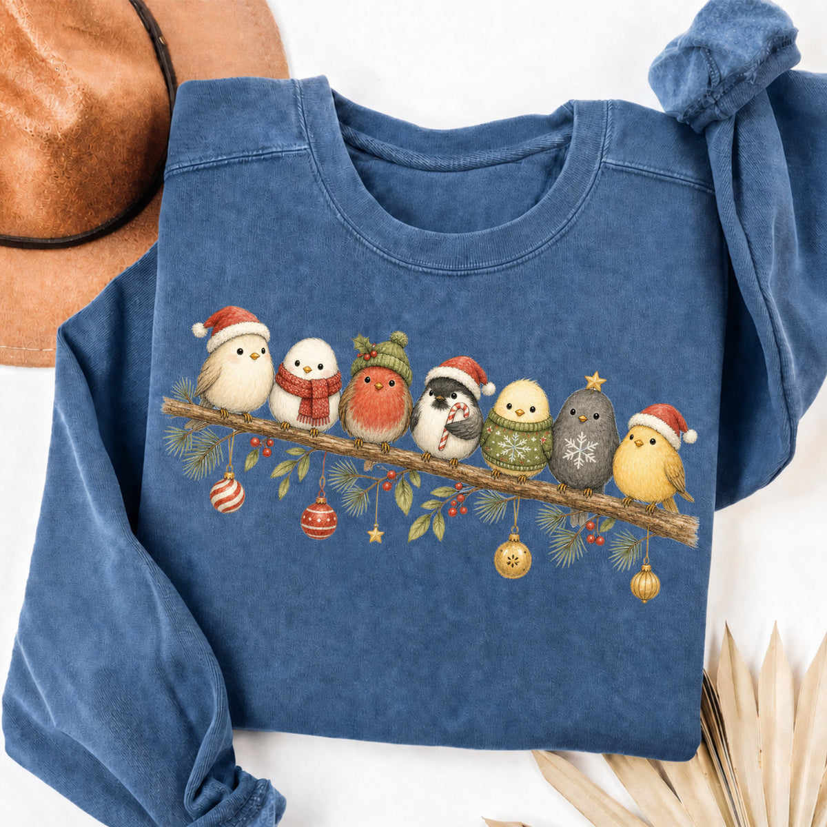Cute Winter Bird Shirt Sweatshirt in Blue Jean, cozy graphic sweatshirt with winter birds in holiday hats