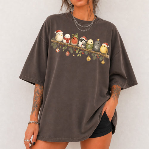 Cute Winter Bird Shirt T-Shirt in Espresso, vintage graphic tee with winter birds in holiday hats