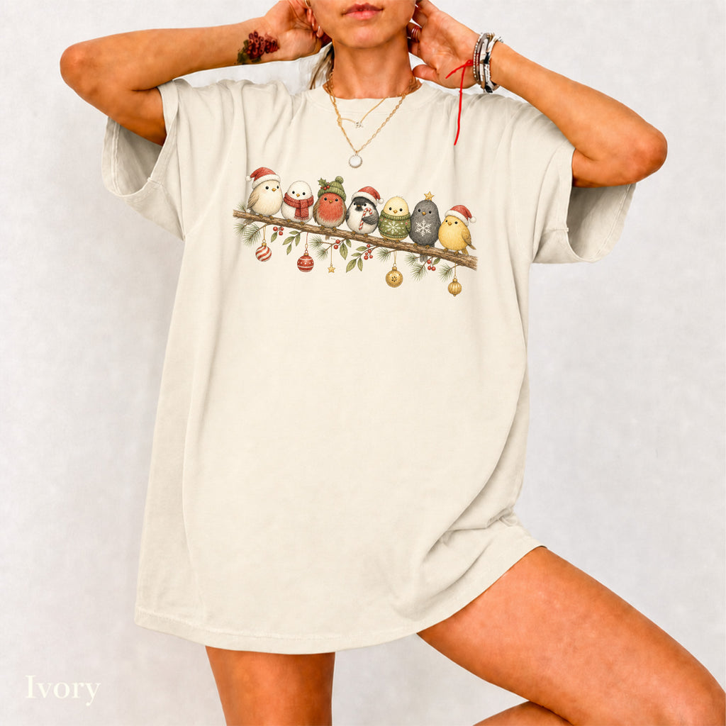 Cute Winter Bird Shirt T-Shirt in Ivory, vintage graphic tee with winter birds in holiday hats