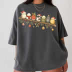Cute Winter Bird Shirt T-Shirt in Pepper, vintage graphic tee with winter birds in holiday hats