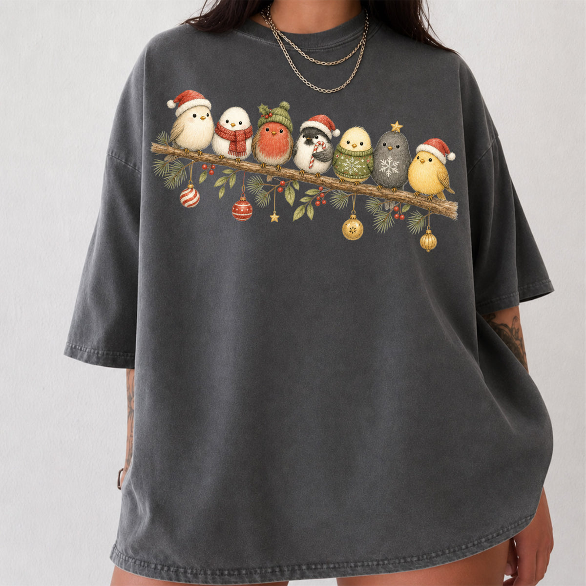 Cute Winter Bird Shirt T-Shirt in Pepper, vintage graphic tee with winter birds in holiday hats