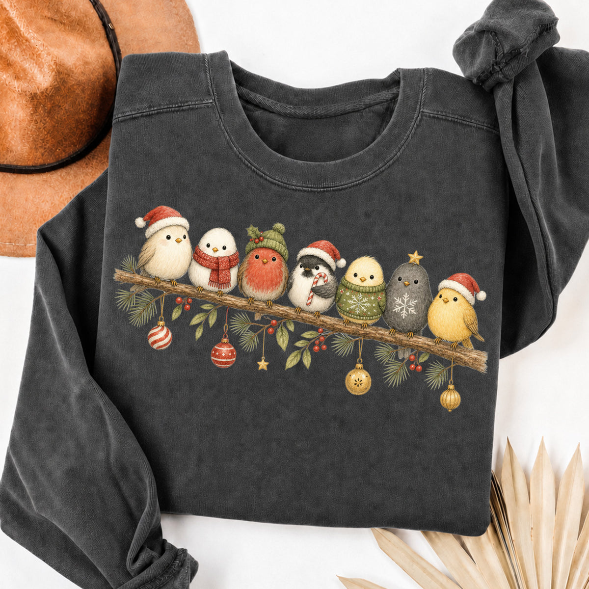 Cute Winter Bird Shirt Sweatshirt in Pepper, cozy graphic sweatshirt with winter birds in holiday hats