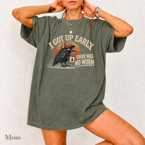 I Got Up Early There Was No Worm Shirt T-Shirt in Moss, funny vintage crow and coffee graphic tee