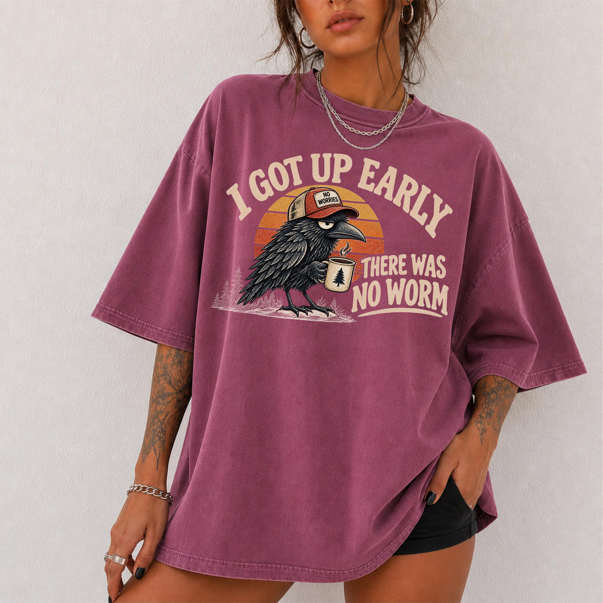 I Got Up Early There Was No Worm Shirt T-Shirt in Berry, funny vintage crow and coffee graphic tee