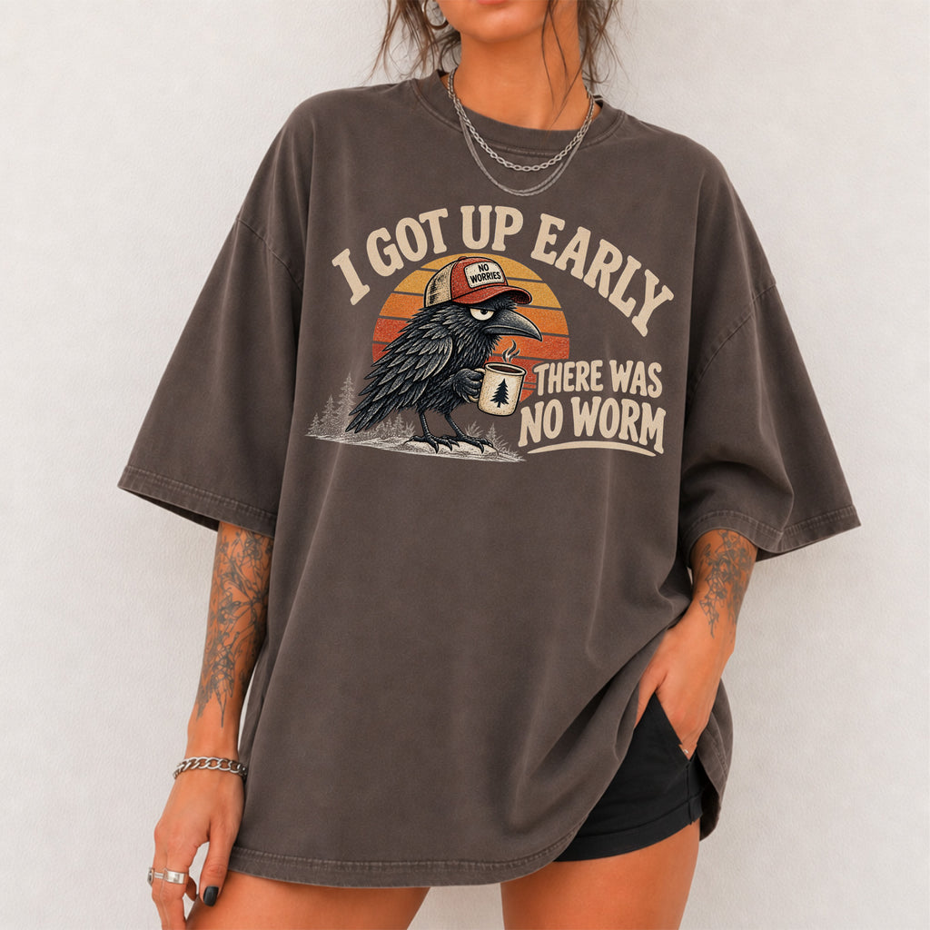 I Got Up Early There Was No Worm Shirt T-Shirt in Espresso, funny vintage crow and coffee graphic tee