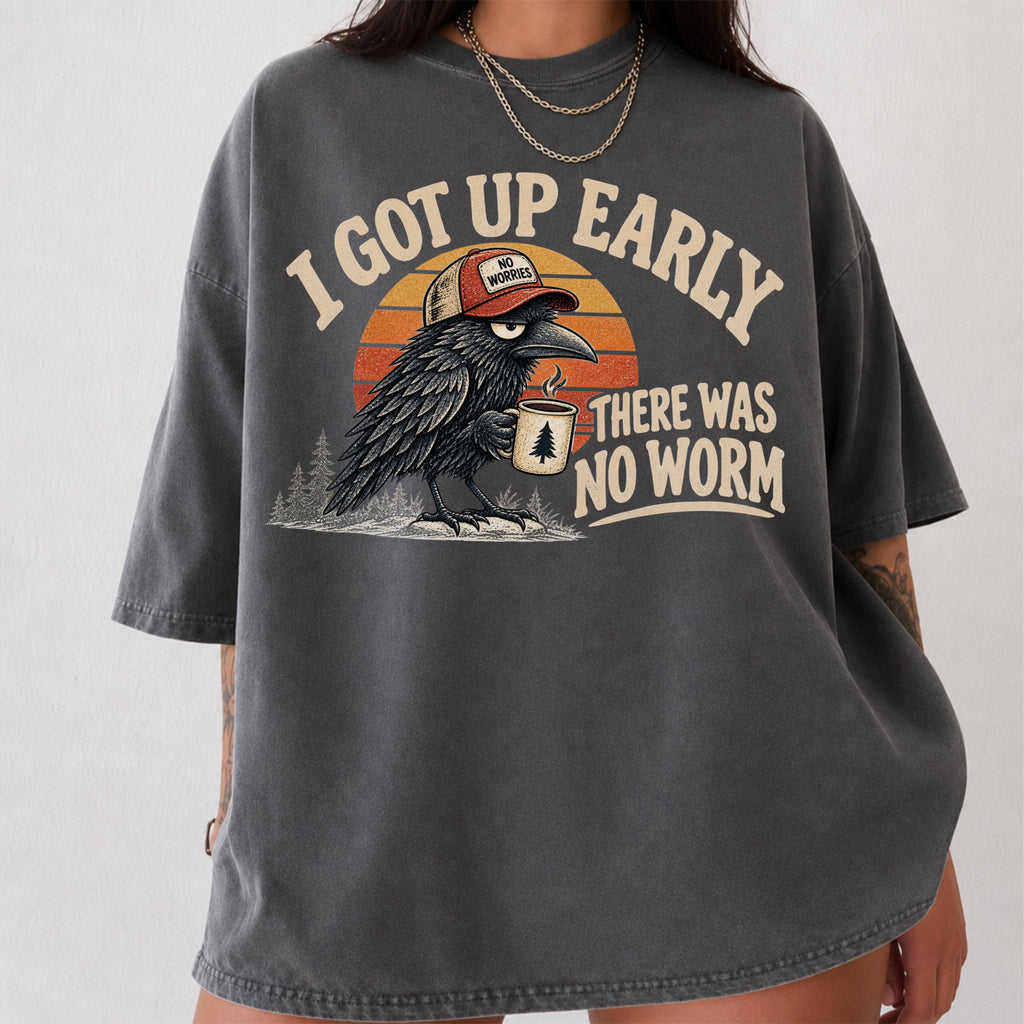 I Got Up Early There Was No Worm Shirt T-Shirt in Pepper, funny vintage crow and coffee graphic tee
