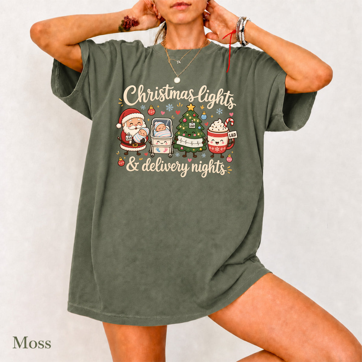 Labor and Delivery Nurse Christmas Shirt T-Shirt in Moss, vintage Christmas graphic tee for L&D nurses