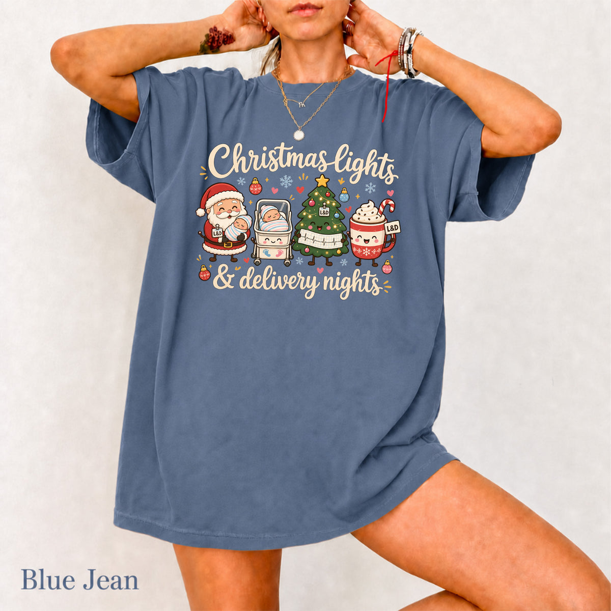 Labor and Delivery Nurse Christmas Shirt T-Shirt in Blue Jean, vintage Christmas graphic tee for L&D nurses