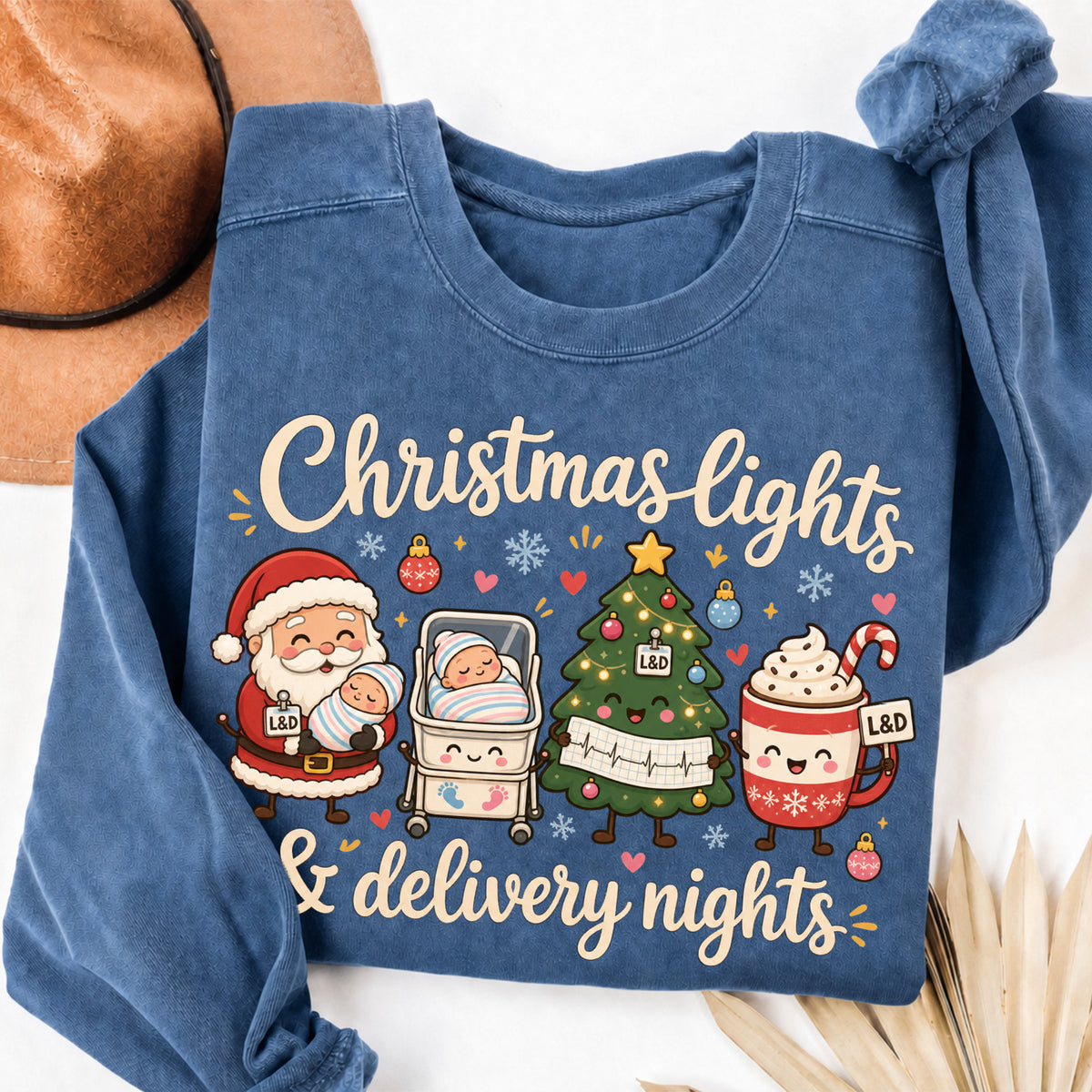 Labor and Delivery Nurse Christmas Shirt Sweatshirt in Blue Jean, cozy Christmas graphic sweatshirt for L&D nurses