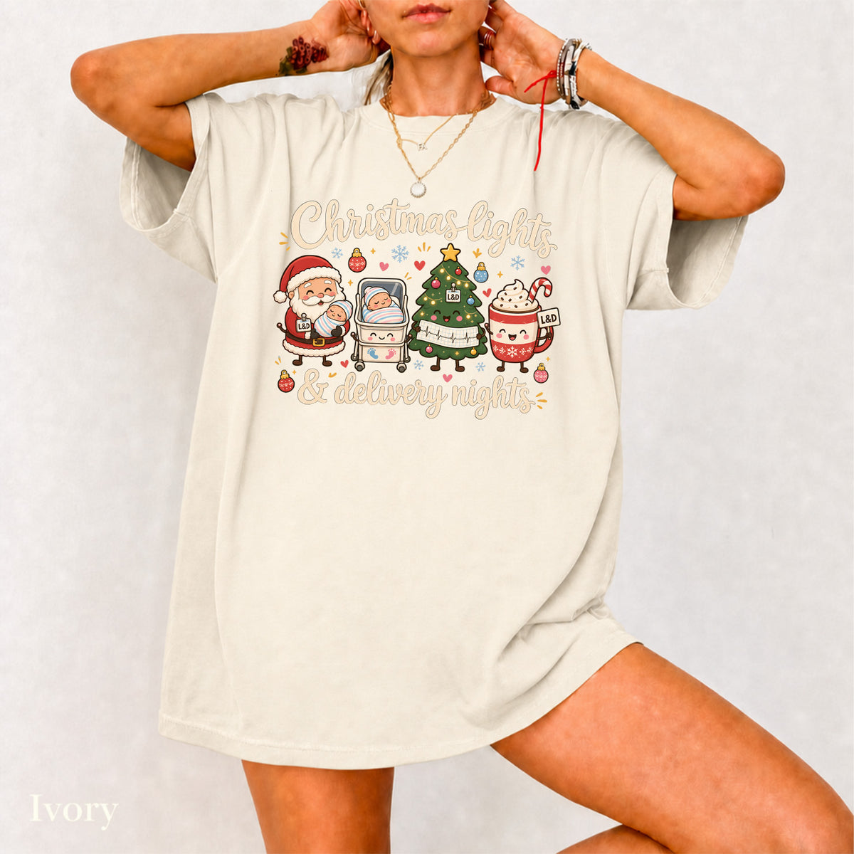 Labor and Delivery Nurse Christmas Shirt T-Shirt in Ivory, vintage Christmas graphic tee for L&D nurses