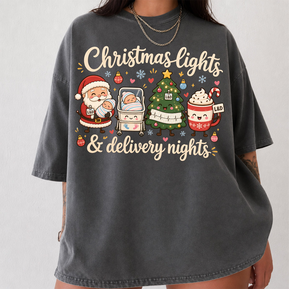 Labor and Delivery Nurse Christmas Shirt T-Shirt in Pepper, vintage Christmas graphic tee for L&D nurses