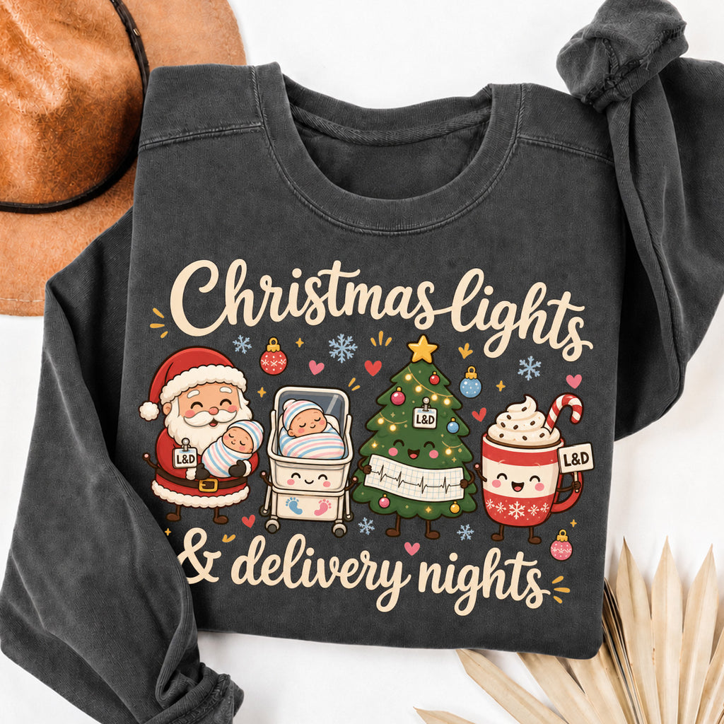 Labor and Delivery Nurse Christmas Shirt Sweatshirt in Pepper, cozy Christmas graphic sweatshirt for L&D nurses
