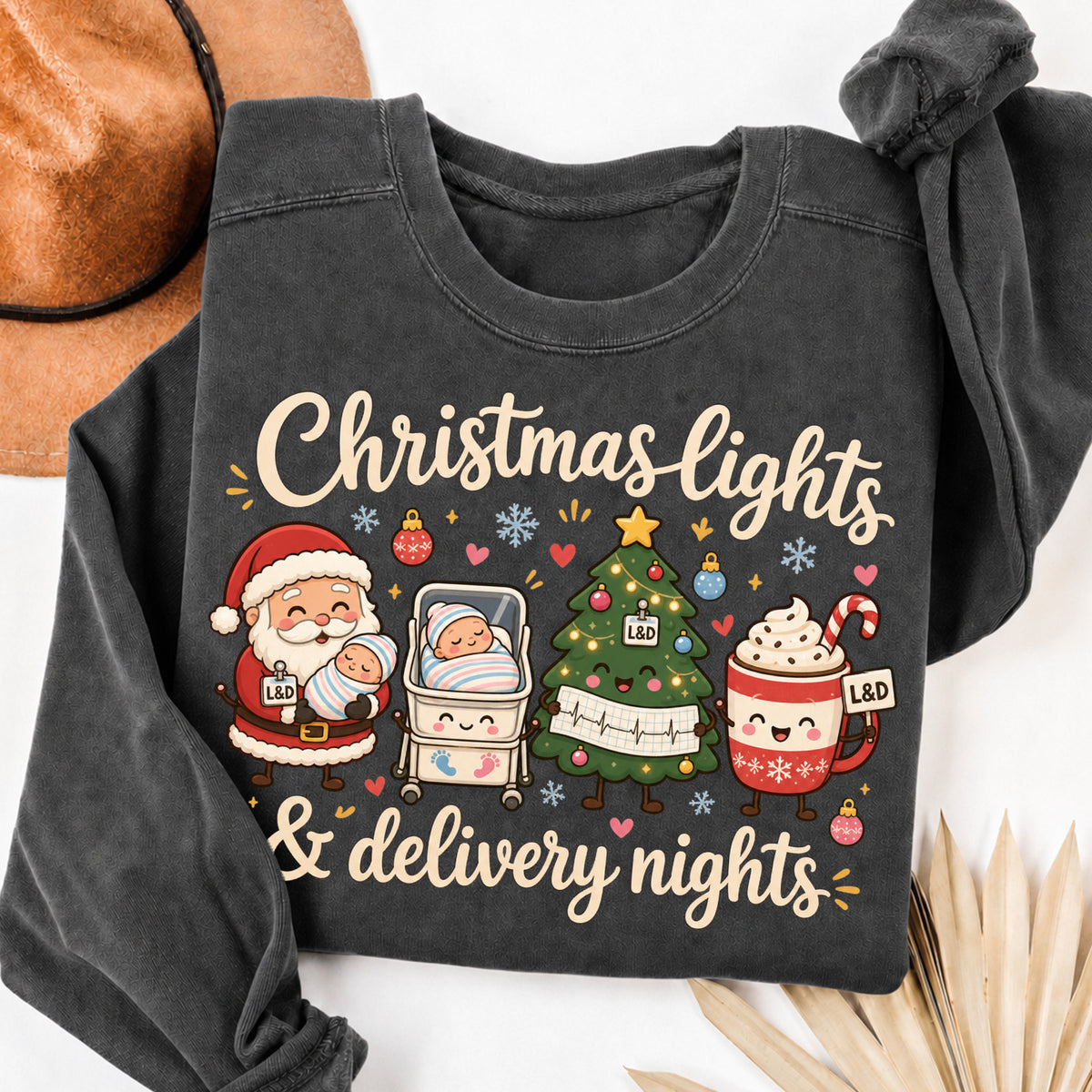 Labor and Delivery Nurse Christmas Shirt Sweatshirt in Pepper, cozy Christmas graphic sweatshirt for L&D nurses